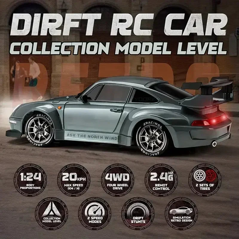 4WD 1:24 RC Drift Car – High-Speed 20KM/H Semi-Proportional Racer with LED Lights, Drift Tires & Road Barriers for Kids & Adults