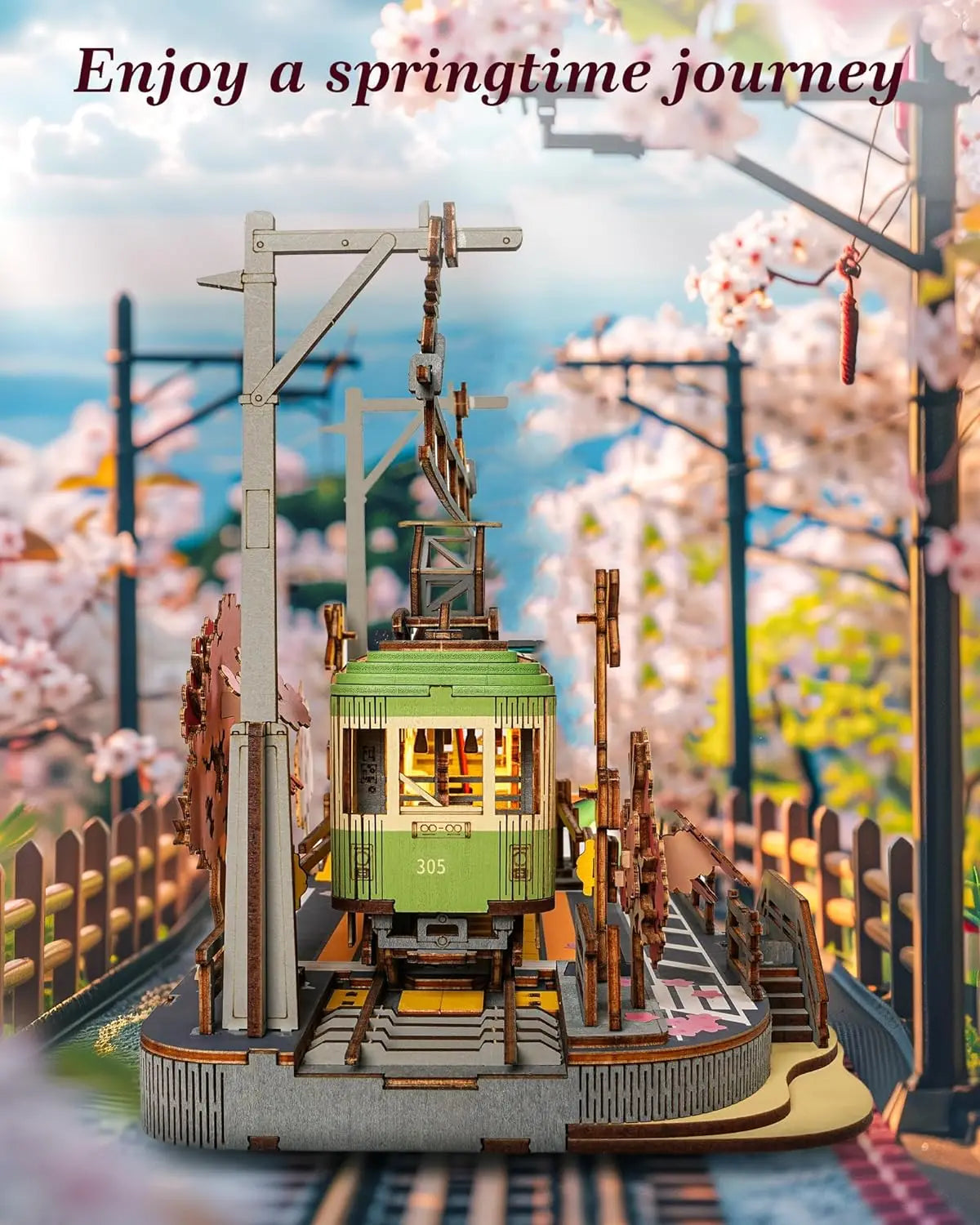 Robotime 3D Wooden Puzzle – Sakura Journey DIY Tram Model with LED Light, Creative Craft Kit & Brain Teaser Gift for Kids