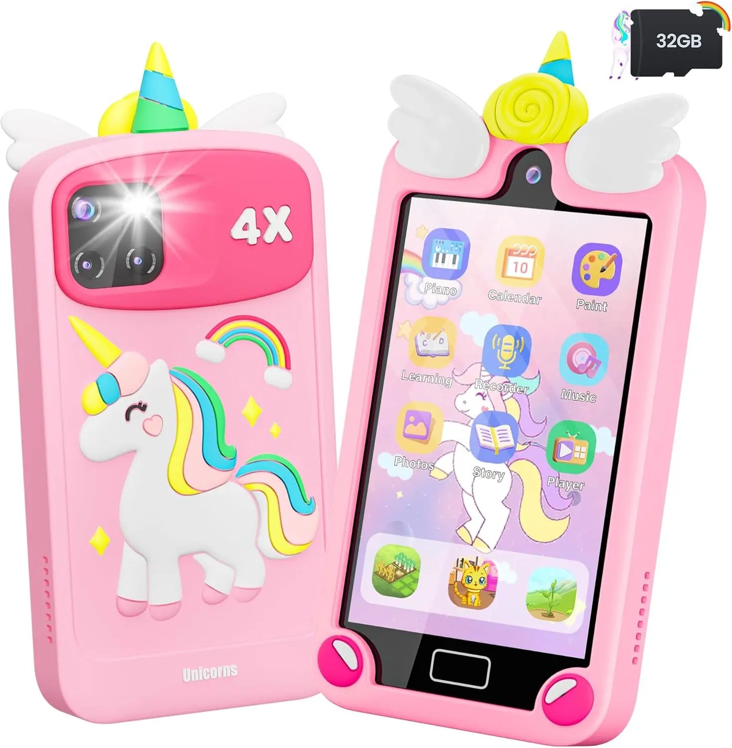 Kids Smart Phone Toy for Girls – 4.0" Touchscreen with Dual Lens Camera, 32G Card, Educational Toddler Learning Gift (Pink)