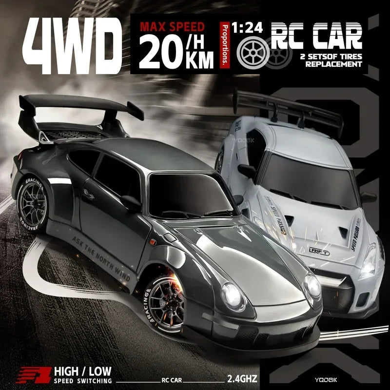 4WD 1:24 RC Drift Car – High-Speed 20KM/H Semi-Proportional Racer with LED Lights, Drift Tires & Road Barriers for Kids & Adults