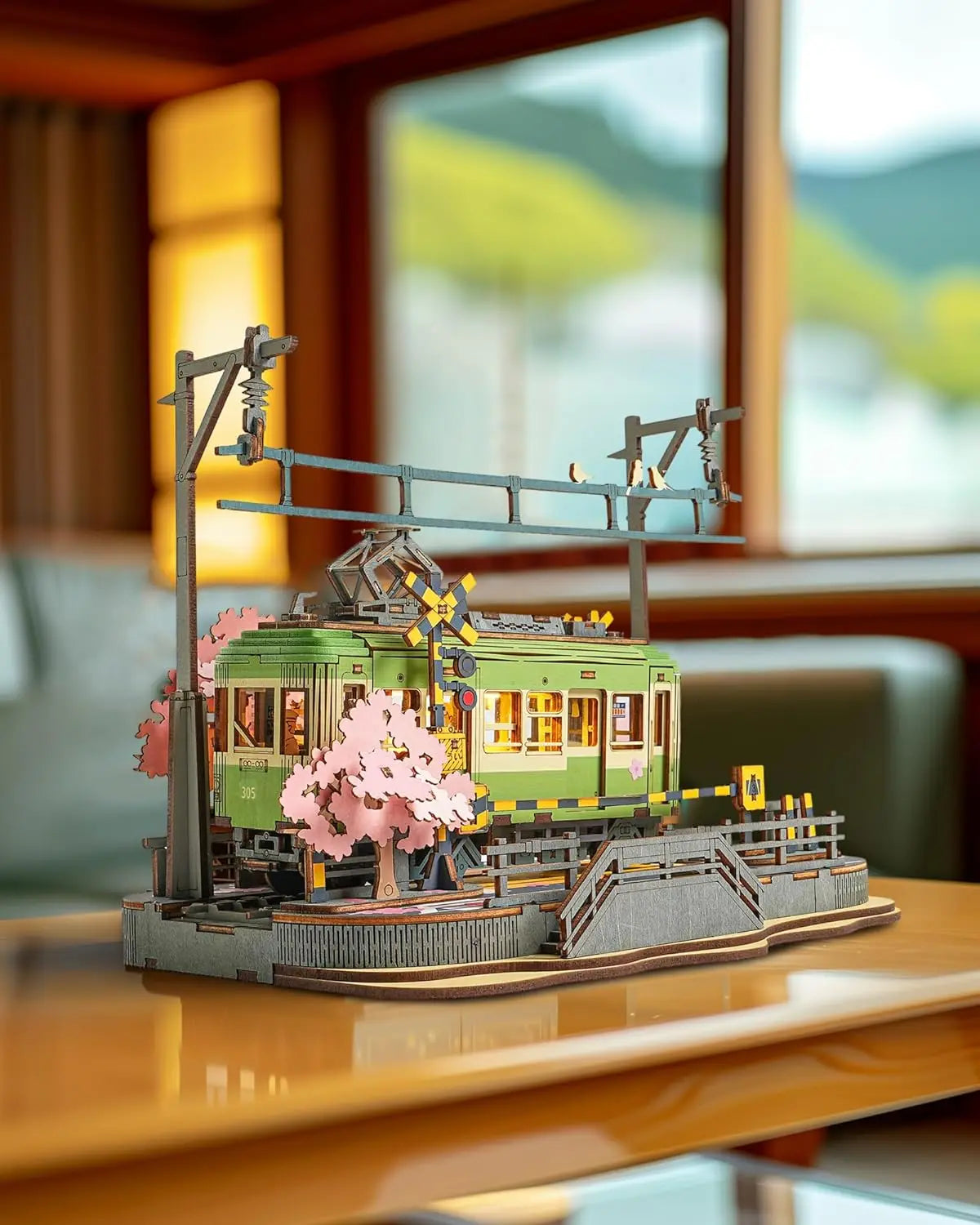 Robotime 3D Wooden Puzzle – Sakura Journey DIY Tram Model with LED Light, Creative Craft Kit & Brain Teaser Gift for Kids