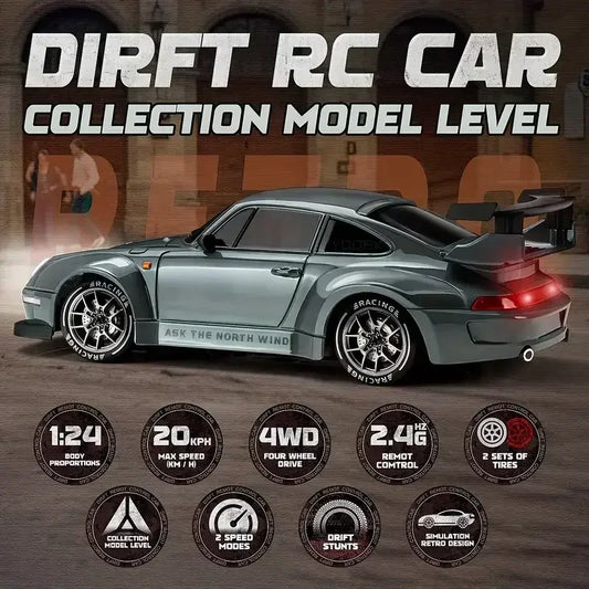 4WD 1:24 RC Drift Car – High-Speed 20KM/H Semi-Proportional Racer with LED Lights, Drift Tires & Road Barriers for Kids & Adults
