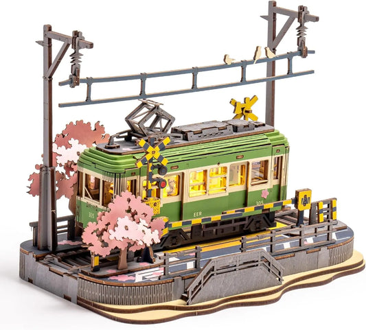 Robotime 3D Wooden Puzzle – Sakura Journey DIY Tram Model with LED Light, Creative Craft Kit & Brain Teaser Gift for Kids