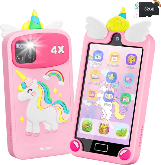 Kids Smart Phone Toy for Girls – 4.0" Touchscreen with Dual Lens Camera, 32G Card, Educational Toddler Learning Gift (Pink)