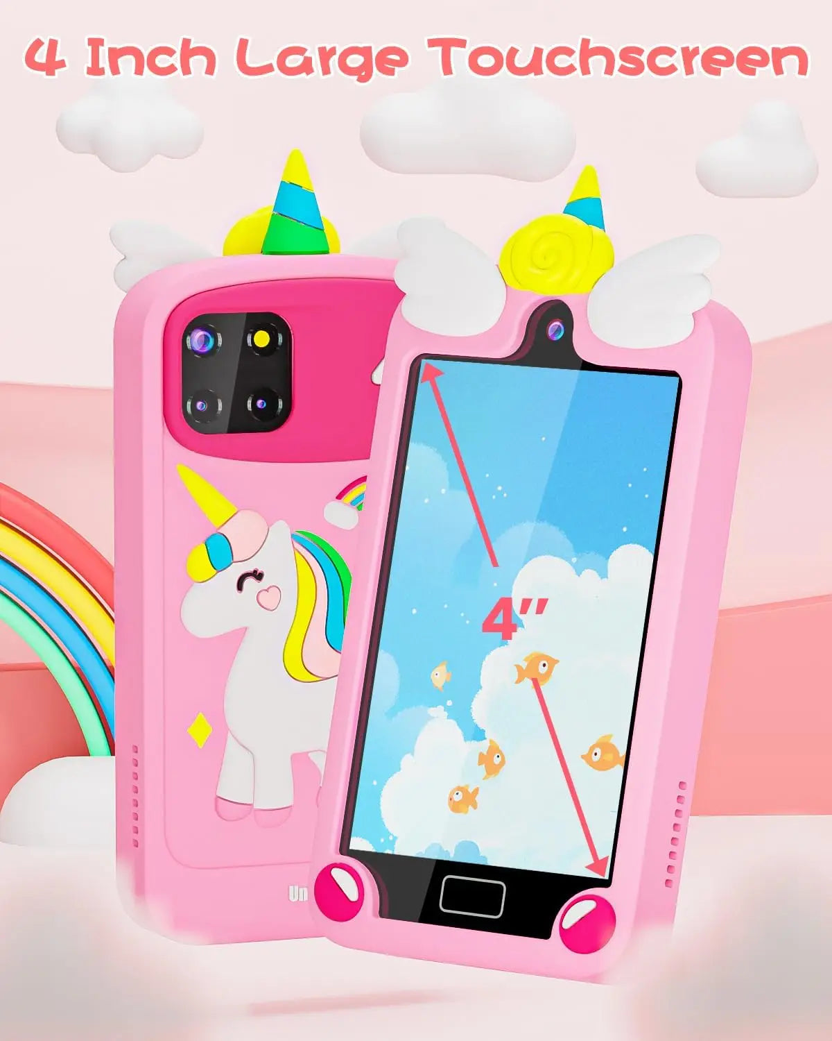 Kids Smart Phone Toy for Girls – 4.0" Touchscreen with Dual Lens Camera, 32G Card, Educational Toddler Learning Gift (Pink)
