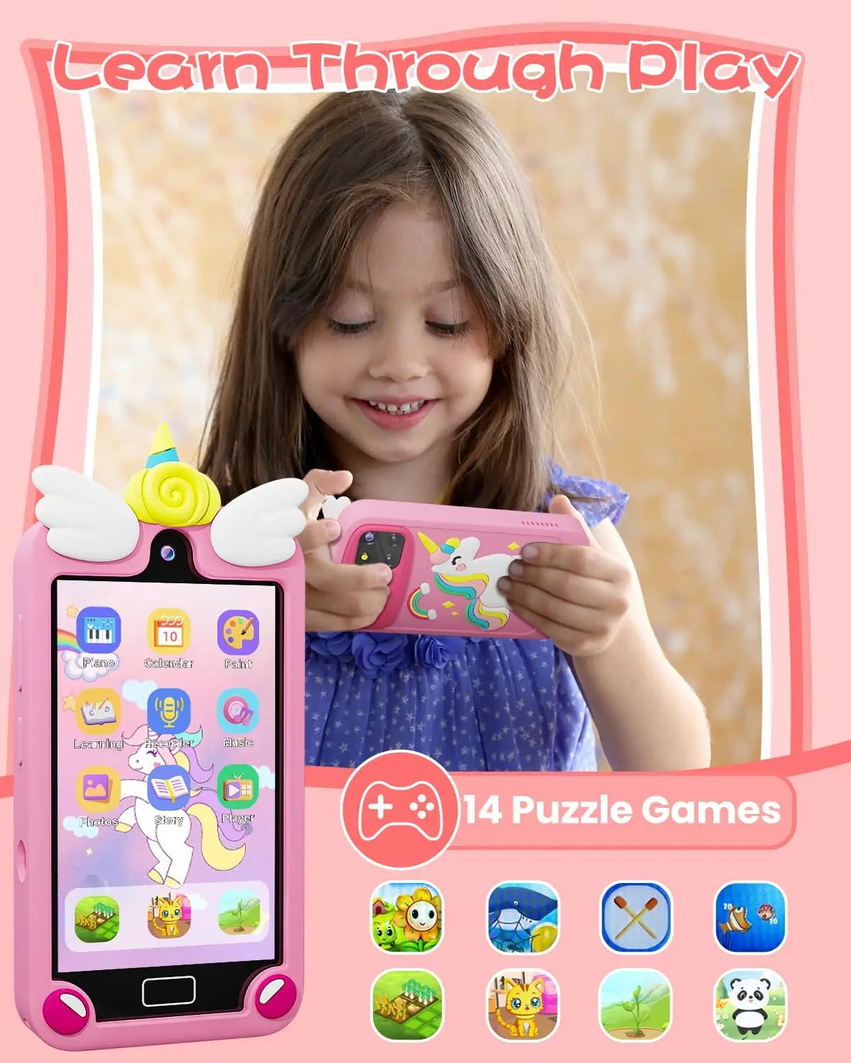 Kids Smart Phone Toy for Girls – 4.0" Touchscreen with Dual Lens Camera, 32G Card, Educational Toddler Learning Gift (Pink)